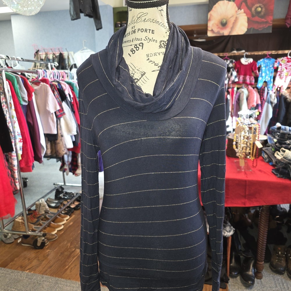 Banana Republic Navy and Gold Striped Cowl Neck Sweater